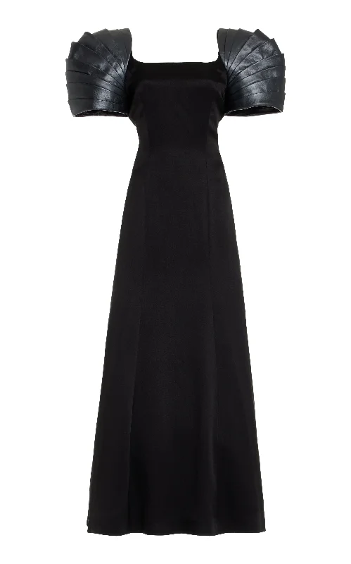 Duchess Maxi Dress in Black Silk Satin with Metallic Nappa Leather Shoulders