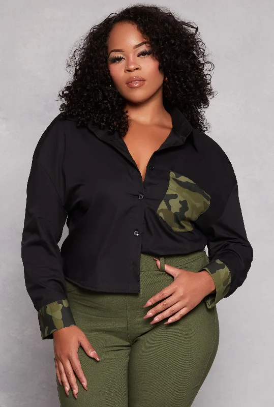 Plus Size Camo Pocket Detail Button Front Shirt