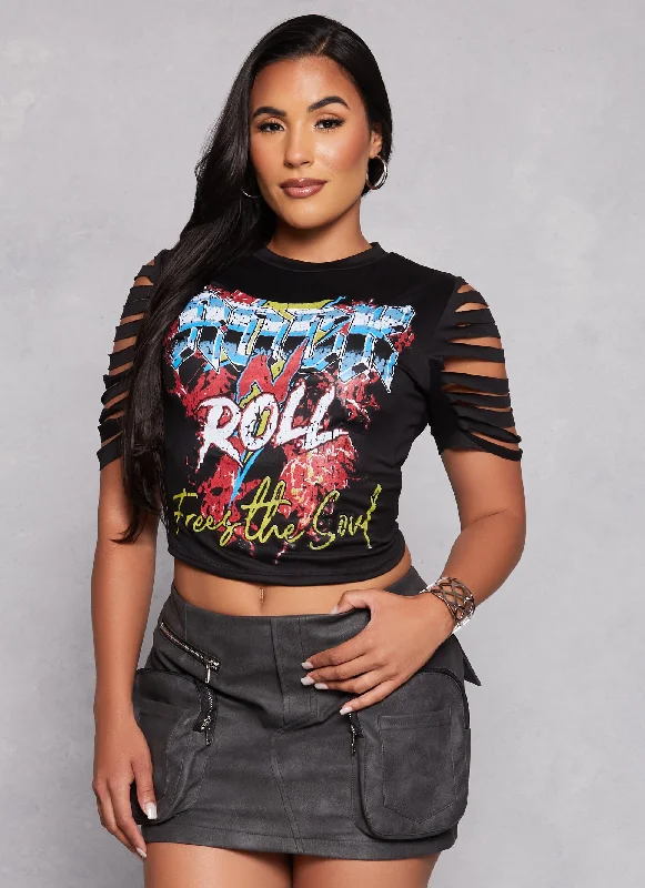 Slashed Sleeve Rock N Roll Graphic Tee