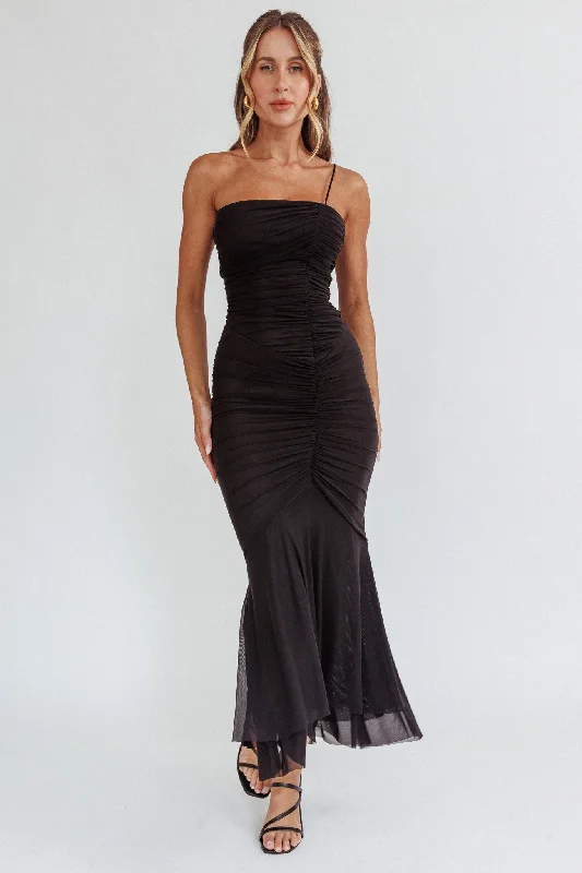 By Chance One Strap Ruched Maxi Dress Black