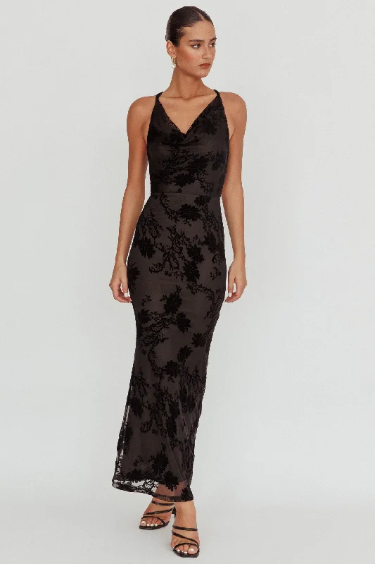 Delancy Cowl Neck Floral Maxi Dress Black