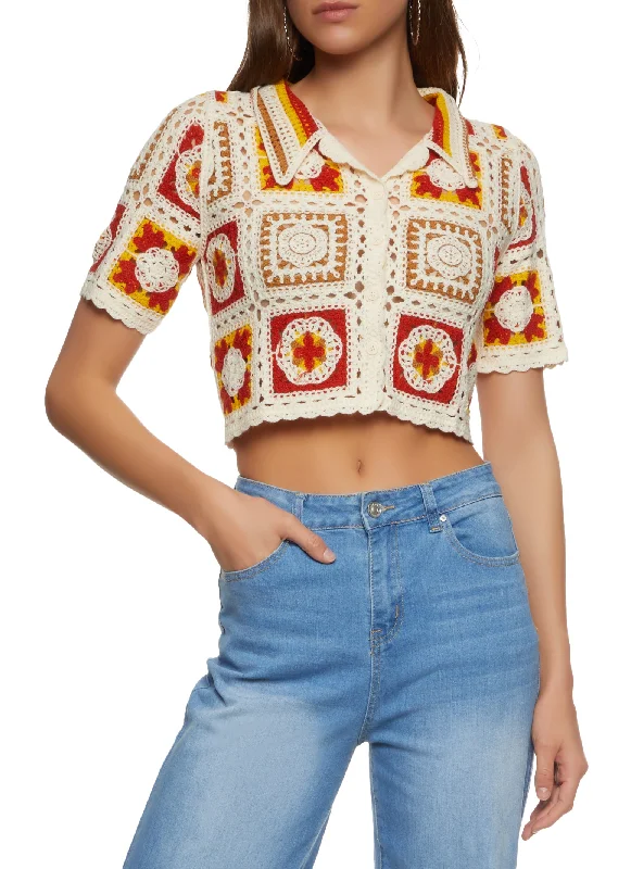 Patterned Crochet Cropped Button Front Shirt