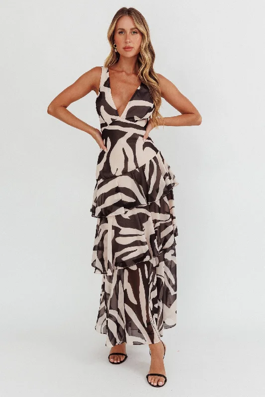 Veda Strappy Back Ruffle Maxi Dress Print Black