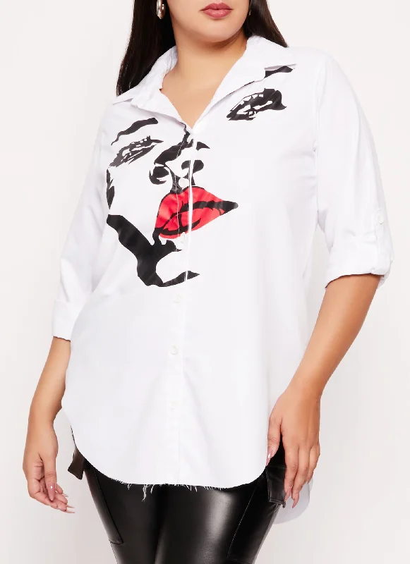 Plus Size Face Print Button Front Shirt