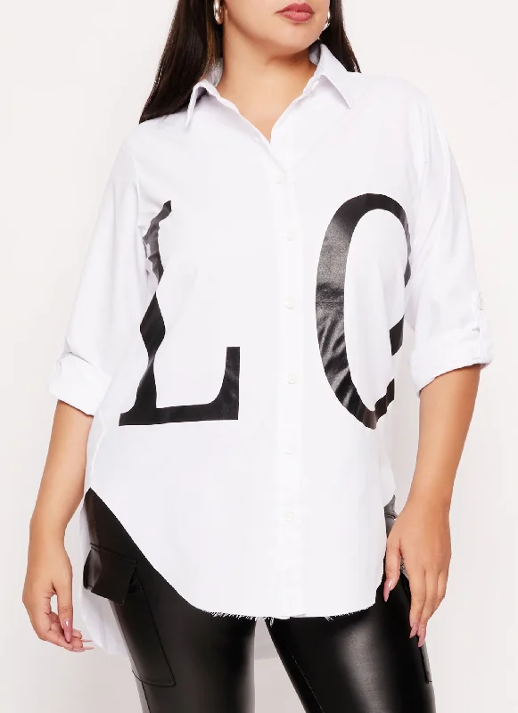 Plus Size Love Graphic Button Front Shirt