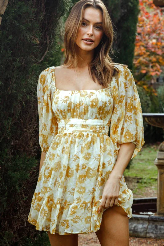 Abby Off-Shoulder Tie-Up Back Dress Floral Print Yellow