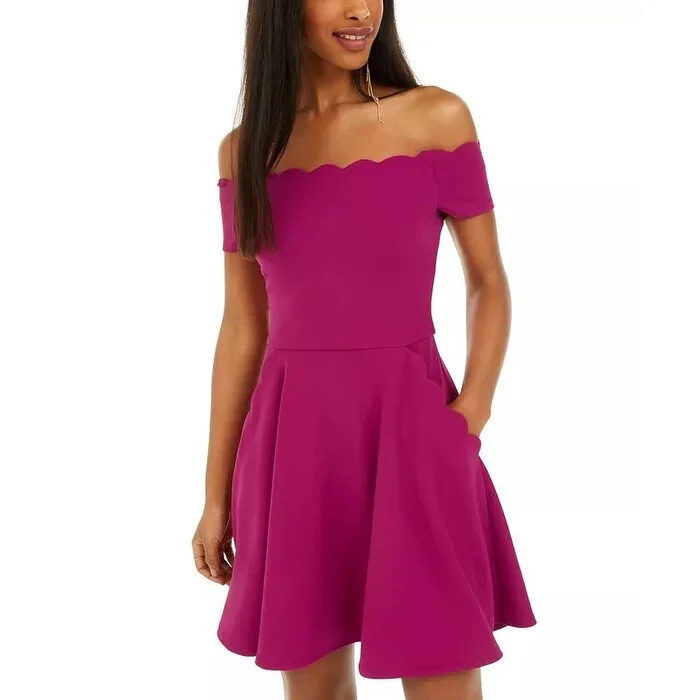 B Darlin Juniors' Scalloped Off-Shoulder Dress Dark Purple