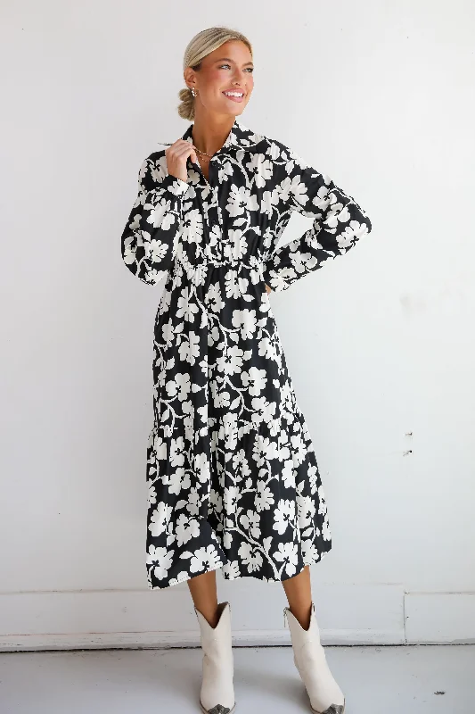 FINAL SALE - Charmed Perfection Black Floral Midi Dress