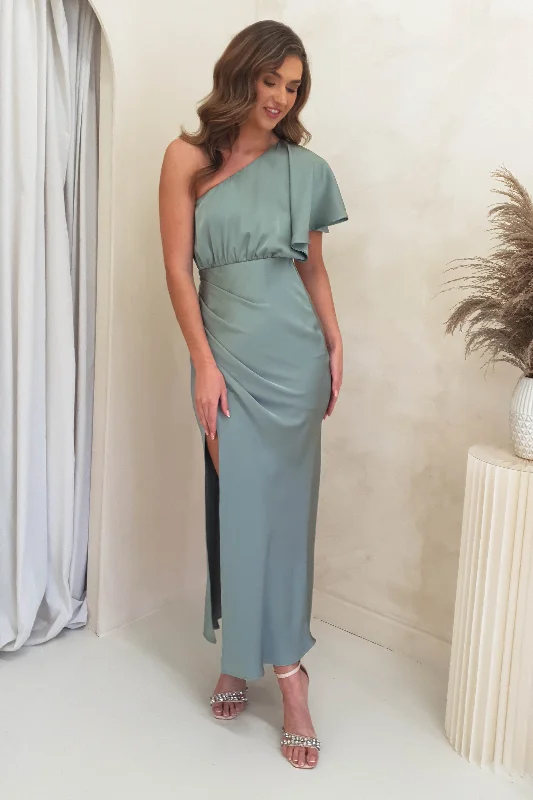 Jenna Soft Satin One Shoulder Maxi | Olive