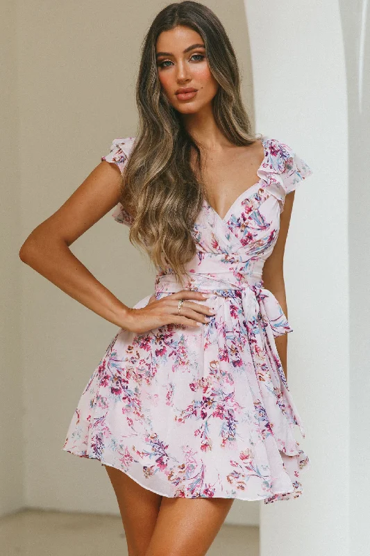 Lola Ruffle Shoulder Ruched Dress Floral Print Pink