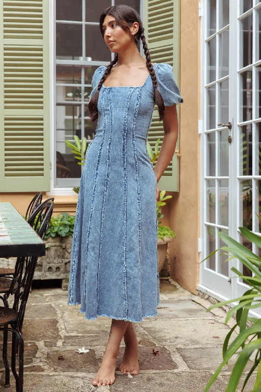 Northern Sky Fringe Puff Sleeve Midi Dress Denim Blue