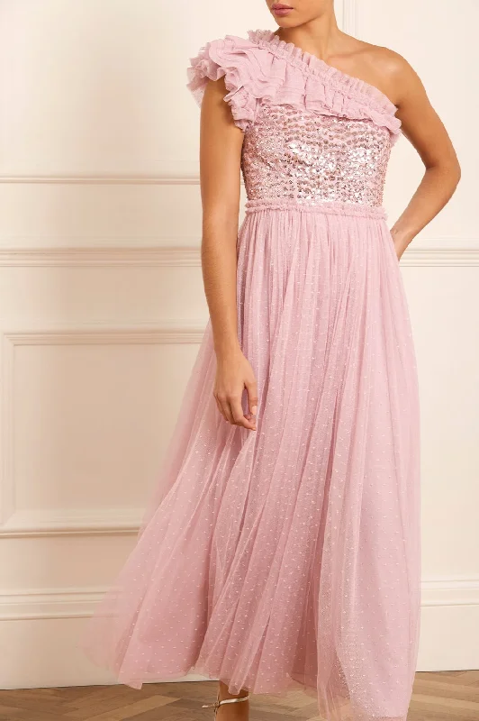 Raindrop Bodice One-Shoulder Ankle Gown