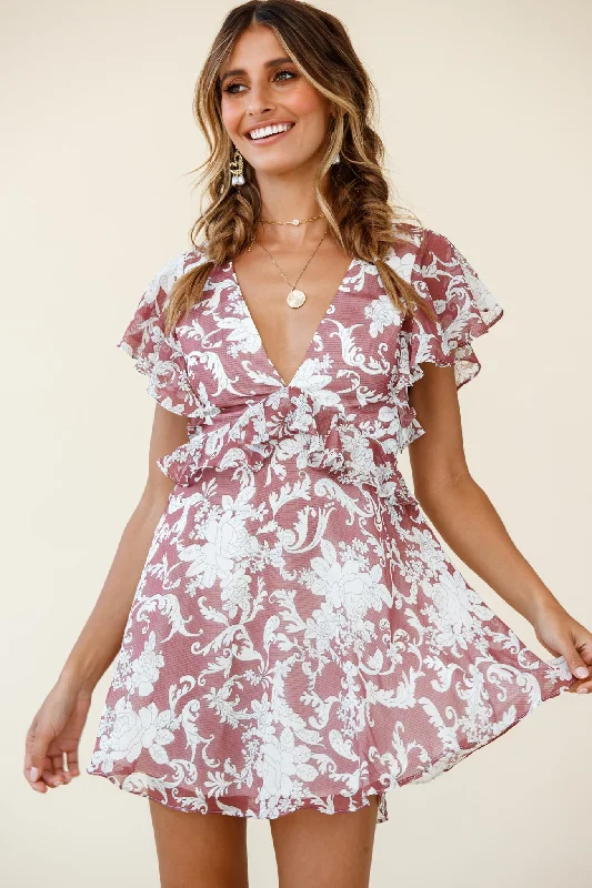 Say That Again Ruffle Shoulder Dress Ornate Floral Print Maroon