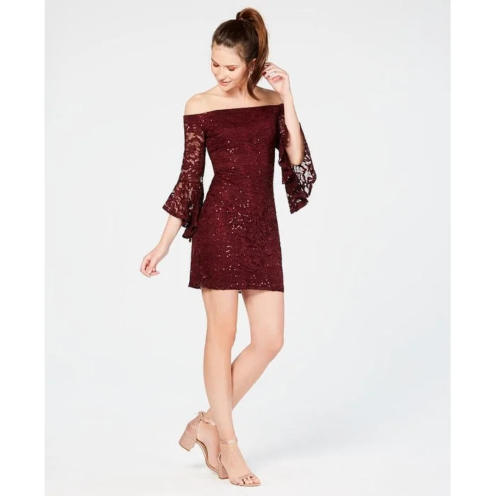 Teeze Me Junior's Off-The Shoulder Sequined Lace Dress Red Size 15/16