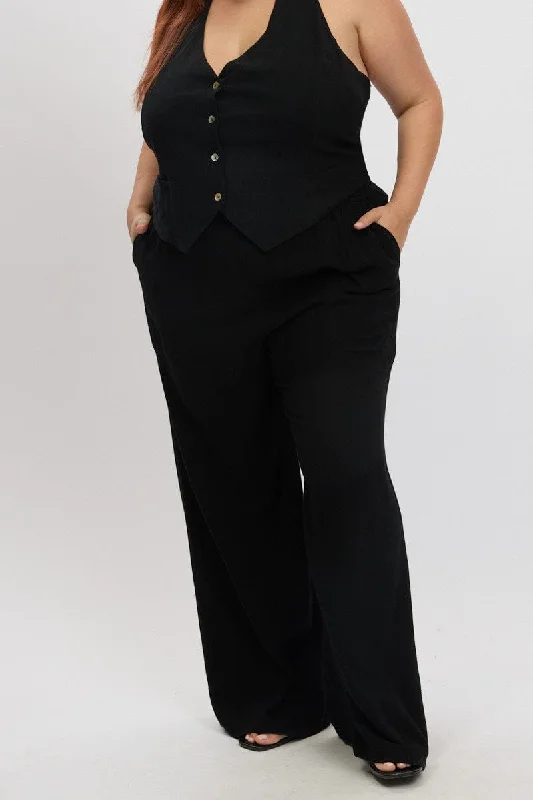 Black Elastic Waist Wide Leg Linen Blend Pants