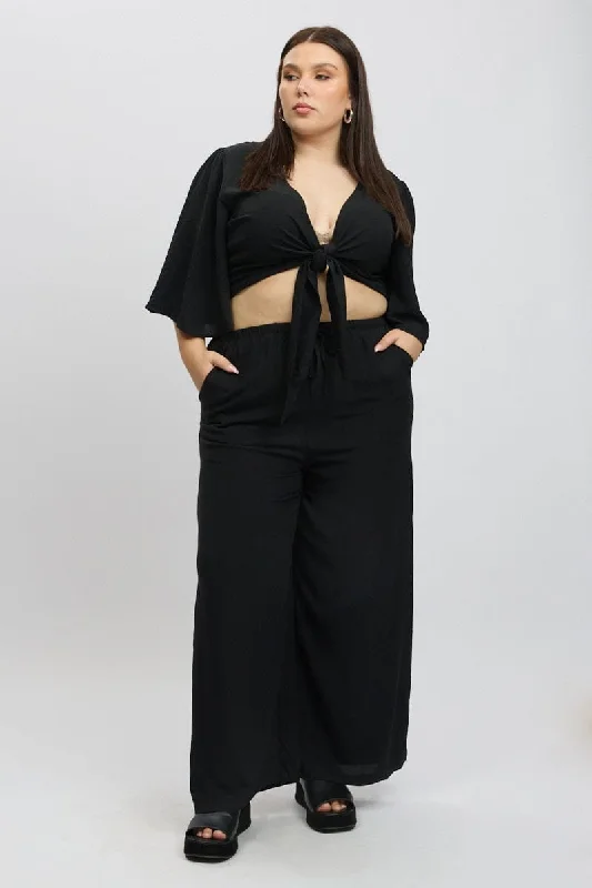 Black Textured Georgette Lined Wide Leg Pants