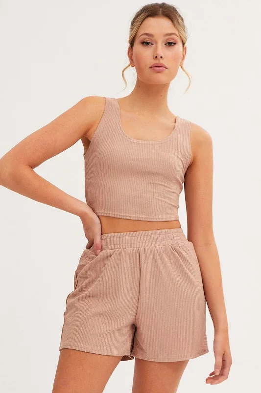 Brown Rib Jersey Crop And Shorts Set