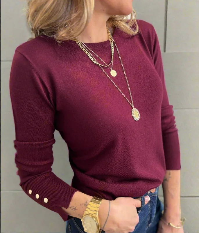 Burgundy Fine Knit Button Cuff Jumper