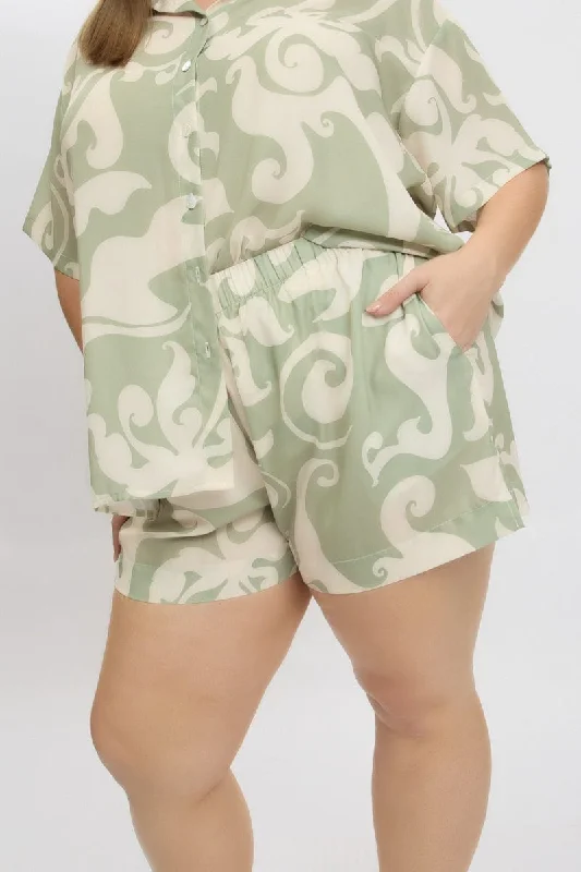 Green Abstract Elastic Waist Shorts