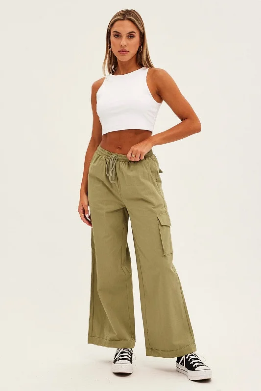 Green Cargo Pant Wide Leg Elastic Waist Cotton Twill