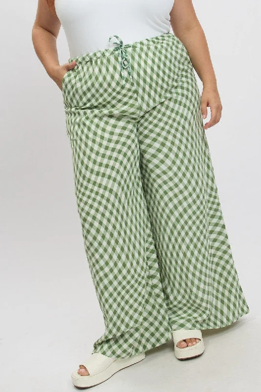 Green Check Drawstring Waist Wide Leg Pants