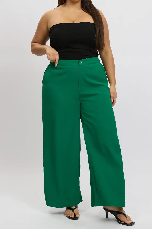 Green Tailored Wide Leg Pant Elastic Back Waistband