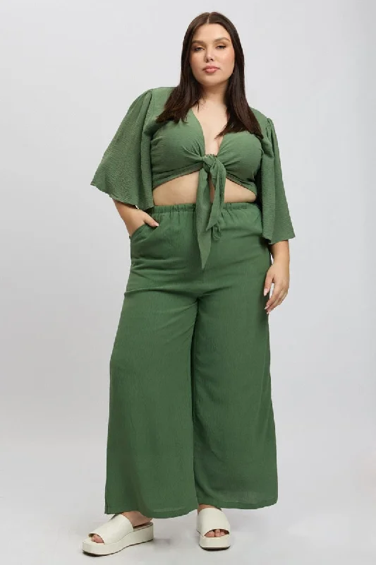 Green Textured Georgette Lined Wide Leg Pants