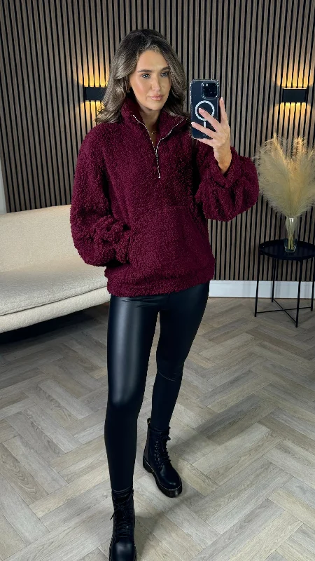 Layla Burgundy Teddy Style Half Zip Top