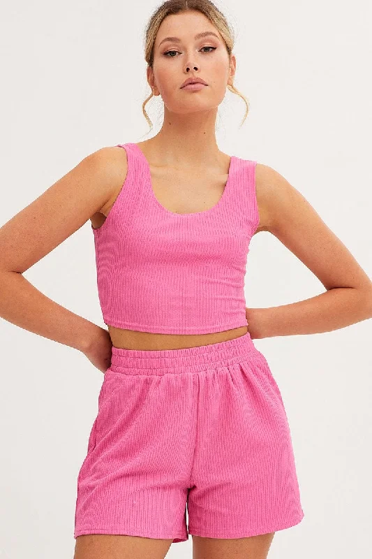 Pink Rib Jersey Crop And Shorts Set