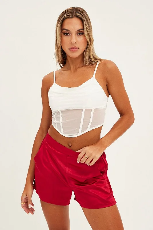 Red High Rise Shorts Satin