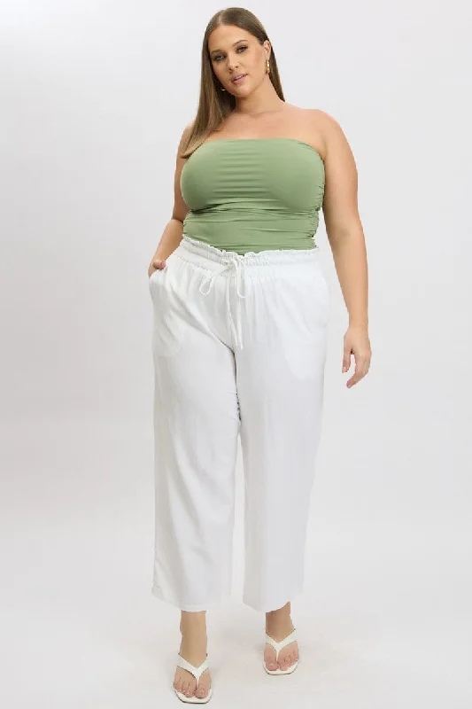 White Wideleg Pants Paperbag Elastic Waist Linen Blend